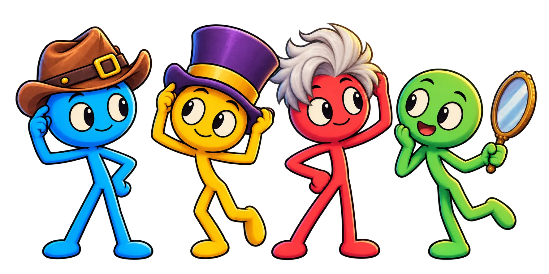 Four Fiends trying different costumes
