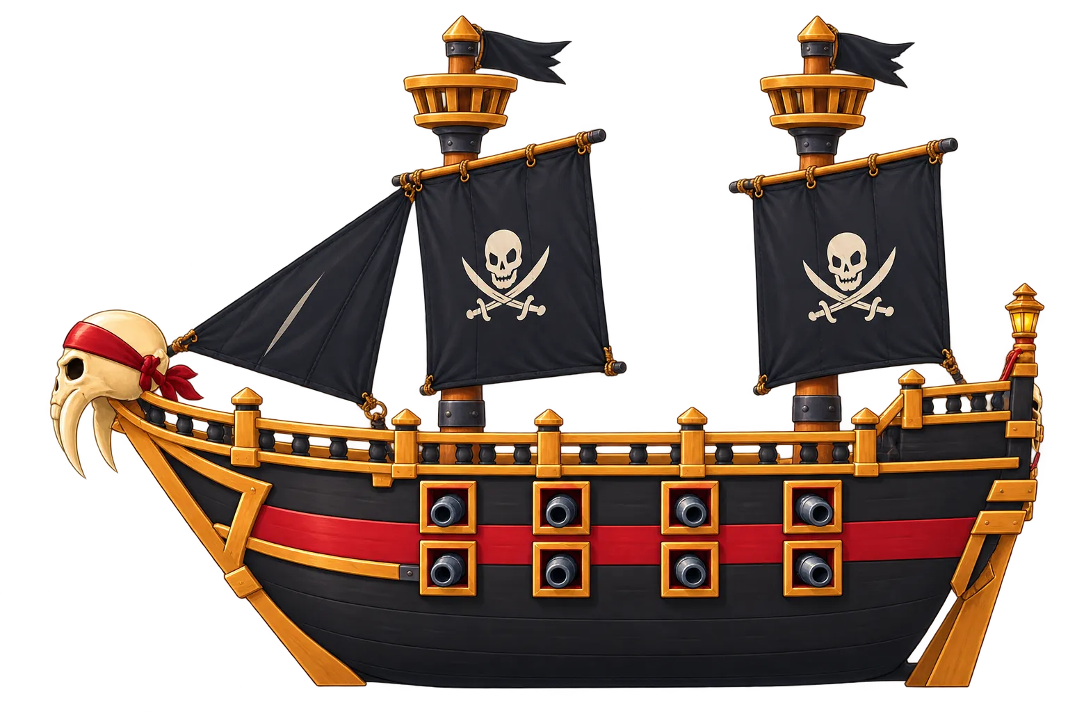 Pirate ship with a skull figurehead and red headband