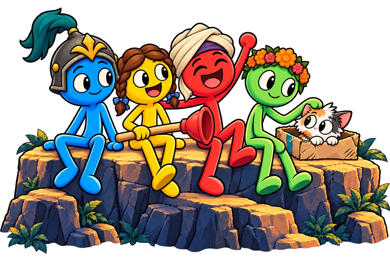 Four costumed Fiends with a plunger and kitten on a rocky ledge